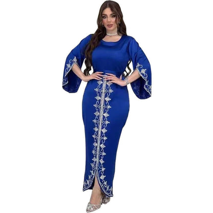 Arabic Dubai Soft Satin Robe with Fashion Diamond Accents