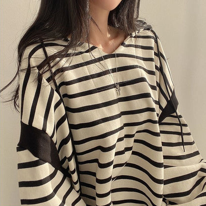 Casual Striped V-Neck Cotton Pullover Sweater with Hood for Women