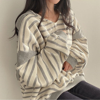 Casual Striped V-Neck Cotton Pullover Sweater with Hood for Women