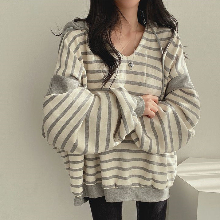 Casual Striped V-Neck Cotton Pullover Sweater with Hood for Women