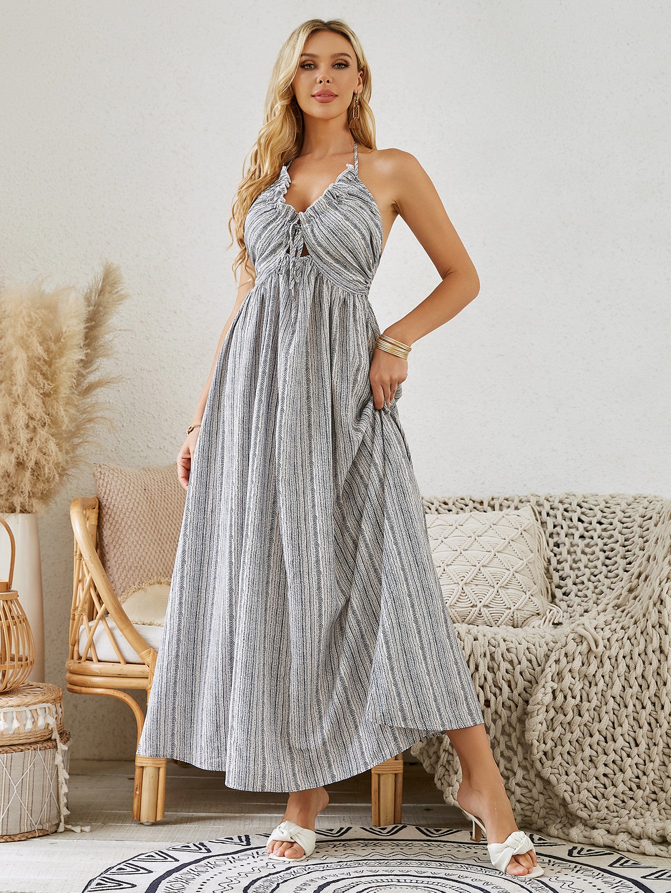 Bohemian Striped Maxi Dress - Sleeveless Summer Beach Wear - PureSelect