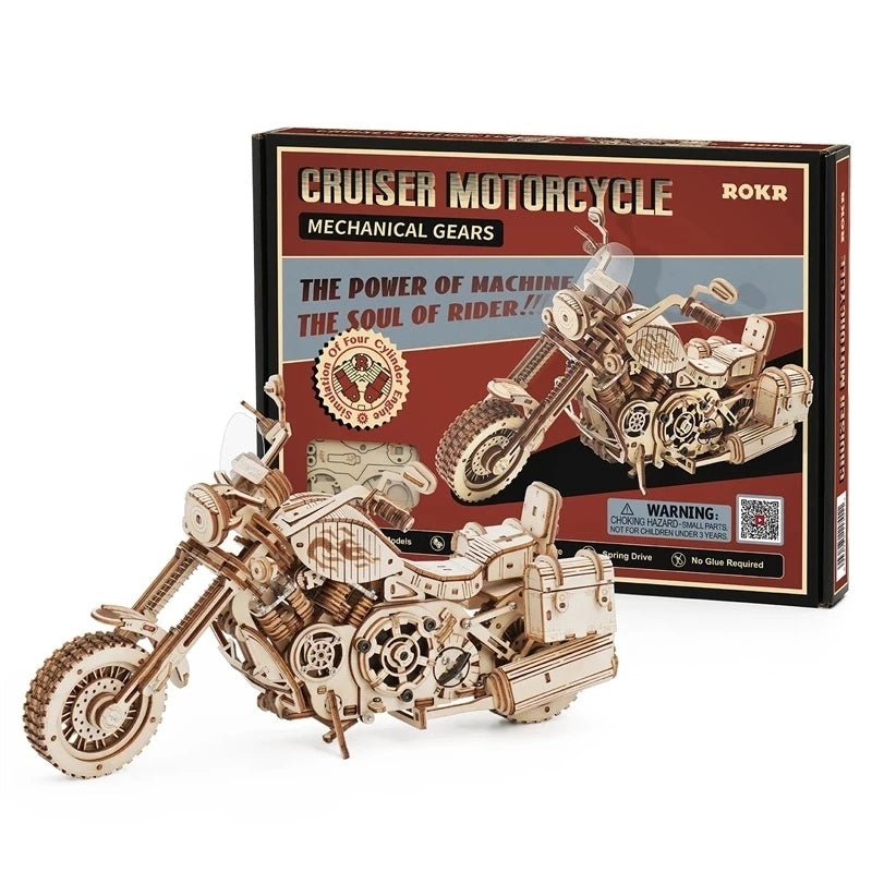 Robotime Rokr Cruiser Motorcycle DIY Wooden Model Kit - 420 Pieces, Fun Toys for All Ages