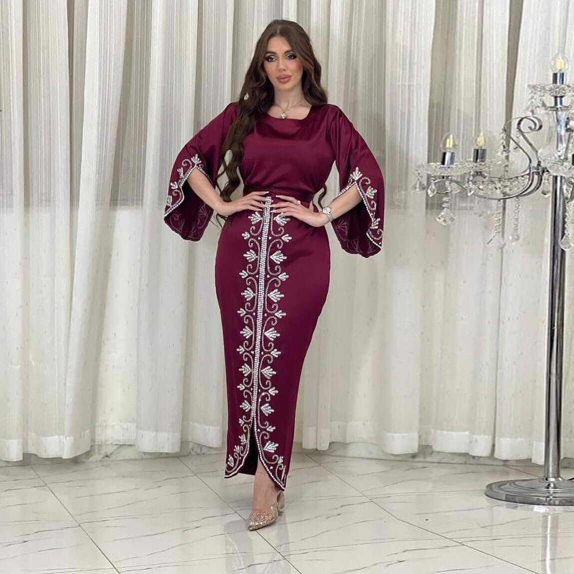 Arabic Dubai Soft Satin Robe with Fashion Diamond Accents