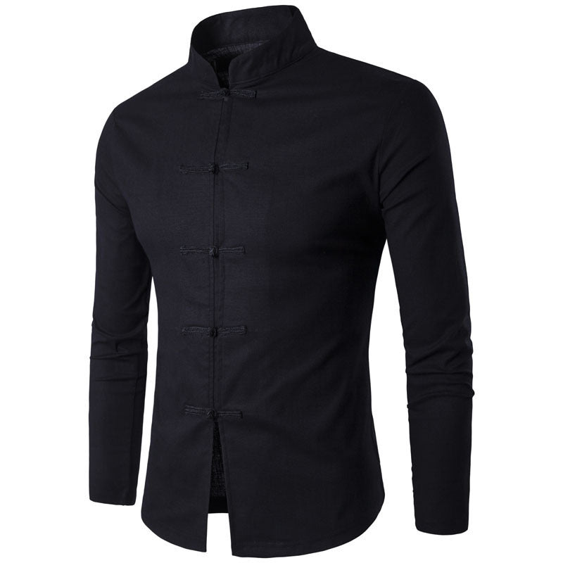 Stand-Up Collar Simple Men's Linen Cotton Long-Sleeved Shirt