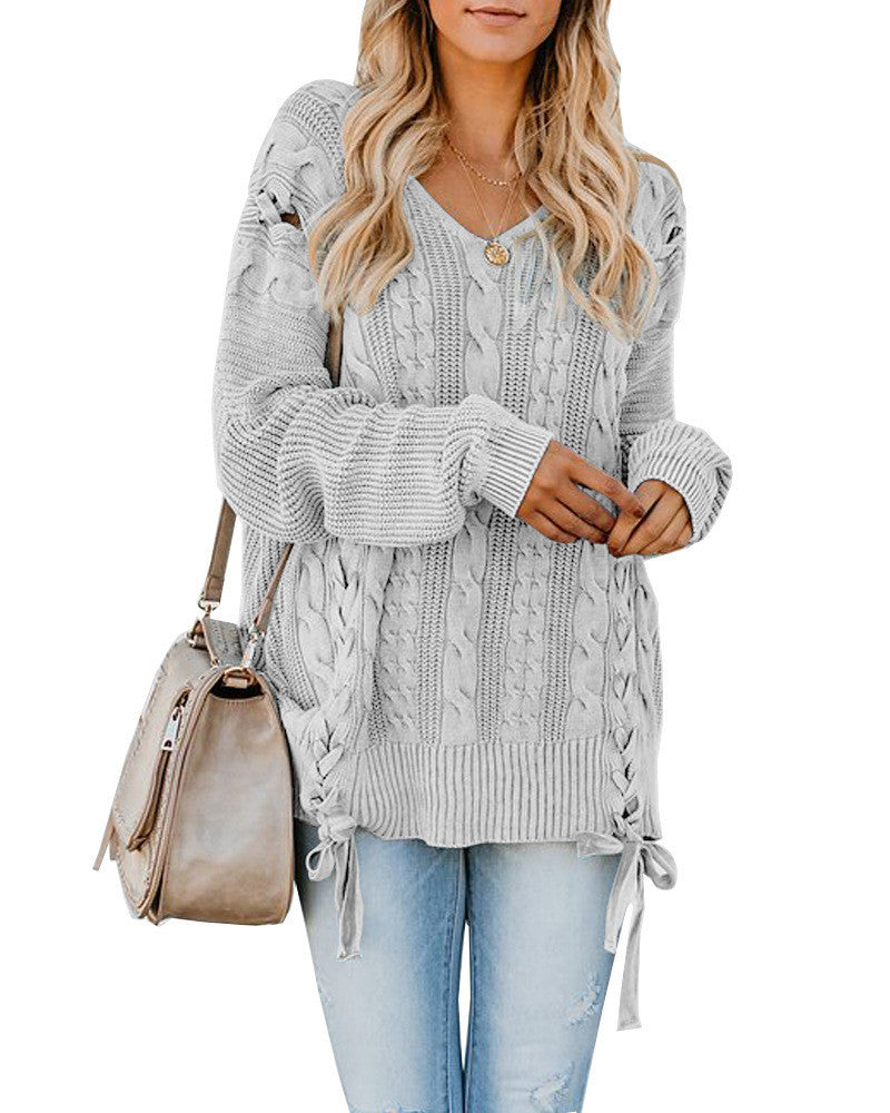 New V-Neck Long Sleeve Loose Pullover with Knitted Lace and Twisted Rope Tie for Women