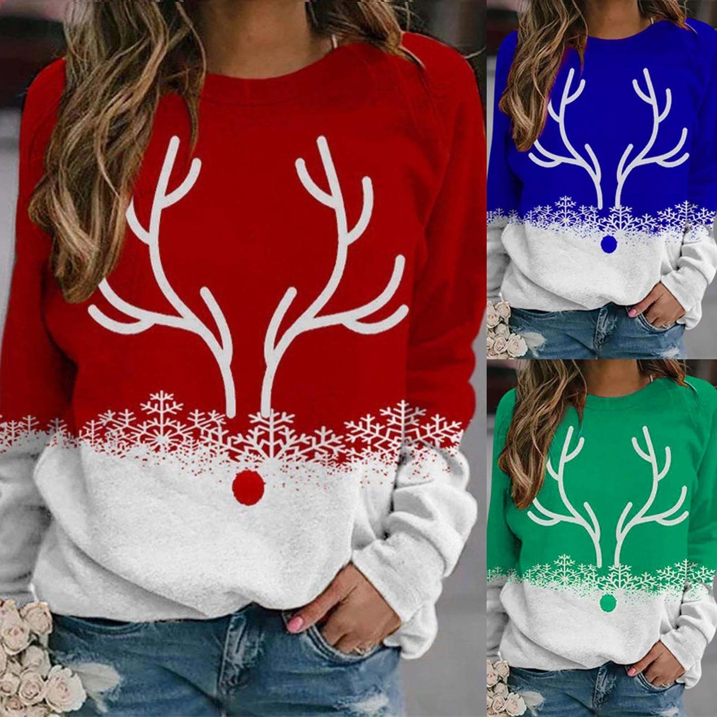 Snowflake and Deer Printed Round Neck Christmas Pullover Sweater