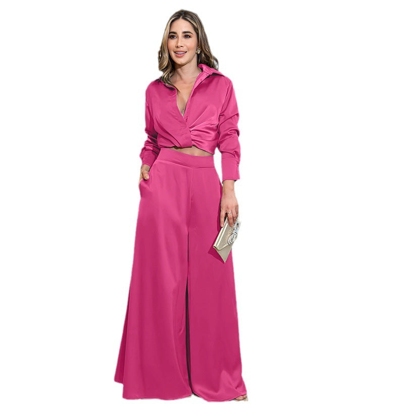 Women's Fashionable Pleated Long-sleeved Wide-leg Pants Suit - PureSelect