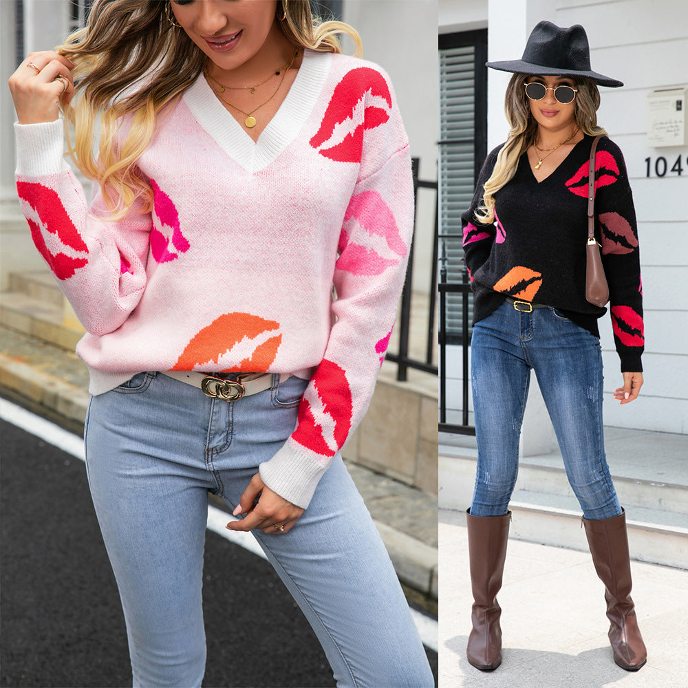 Valentine's Day Lip Print V-Neck Knitted Pullover Sweater