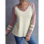 Contrasting Color V-Neck Long Sleeve Pullover T-Shirt