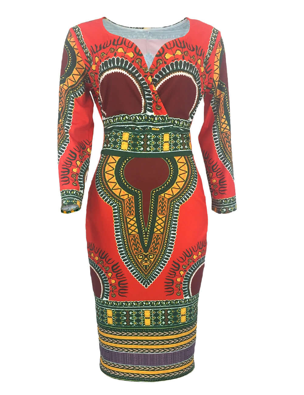 African-Style V-Neck Dress with Three-Quarter Sleeves