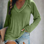 Ladies Deep V-Neck Long Sleeve Pullover T-Shirt