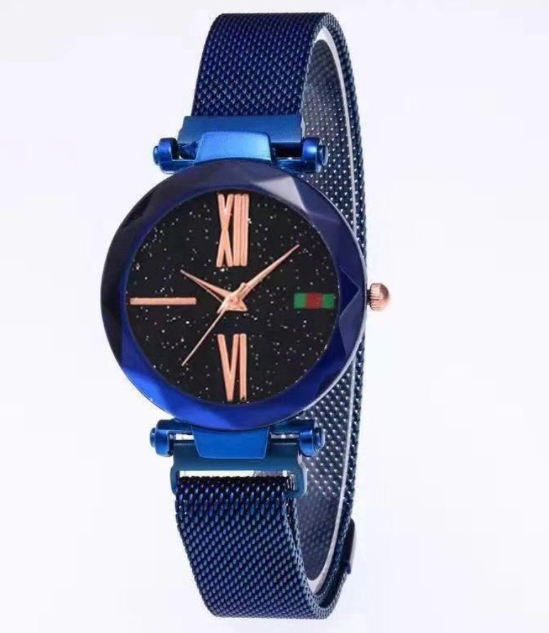 Luxury Women's Mesh Quartz Wristwatch – Starry Diamond Geometric Design with a Chic Magnet Buckle