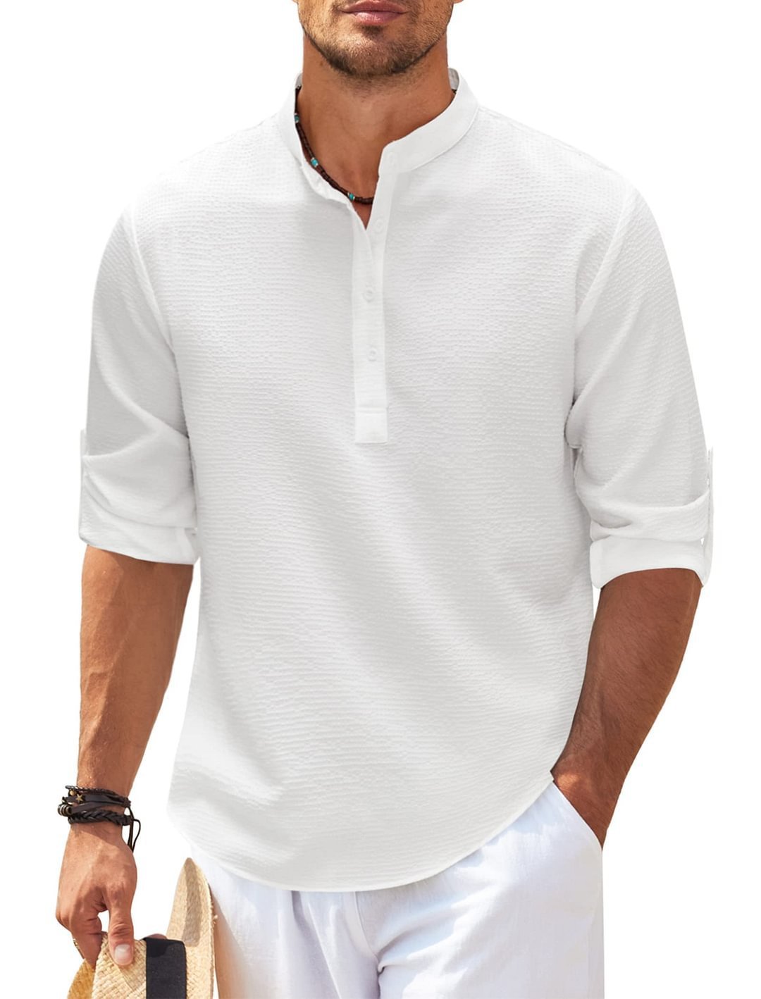 Men's Casual Long Sleeve Stand Collar Shirt – Solid Color Fashion for a Sleek, Modern Look