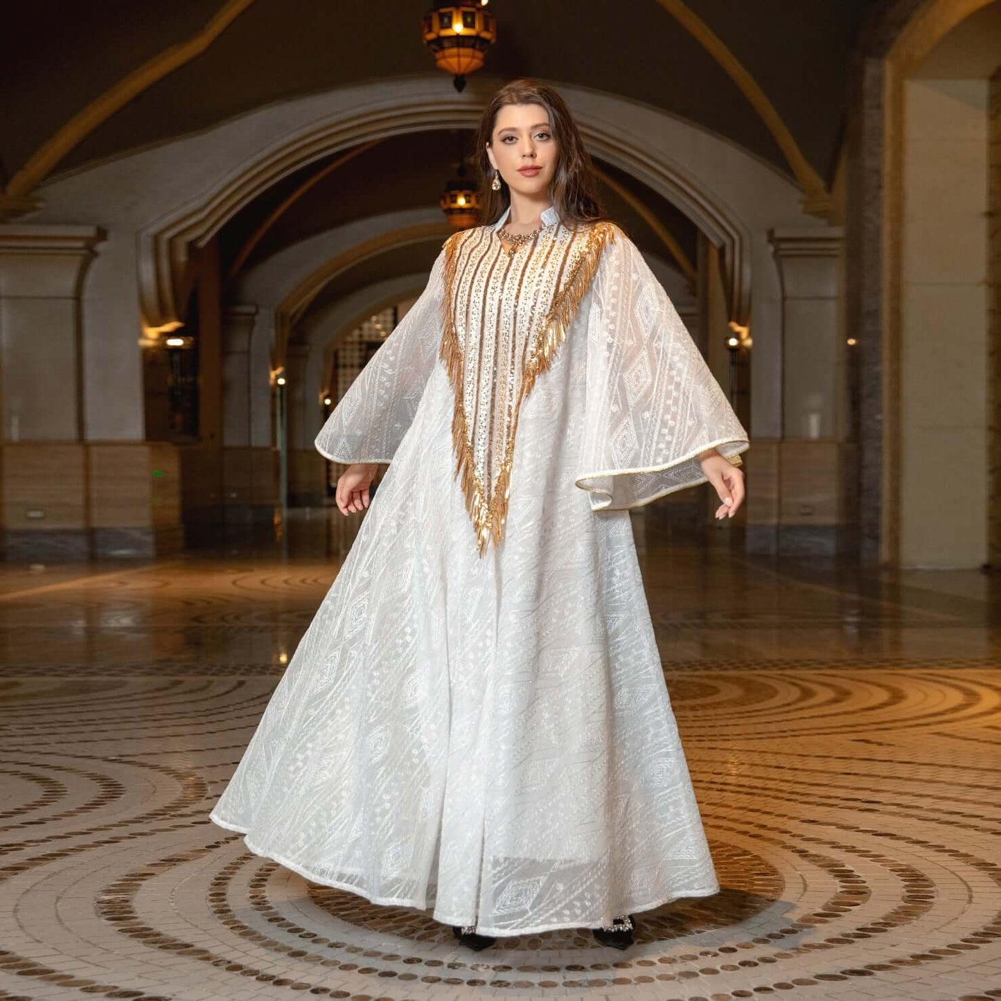 Dubai Mesh Embroidered Sequin Robe for Middle Eastern Evenings