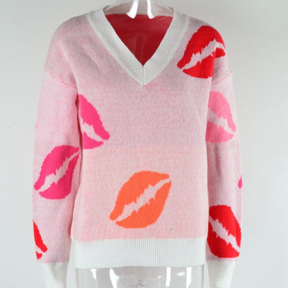 Valentine's Day Lip Print V-Neck Knitted Pullover Sweater