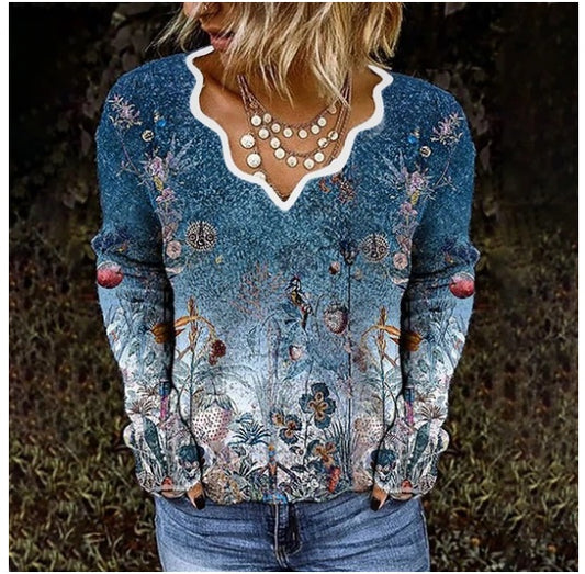 V-Neck Long Sleeve Printed Pullover T-Shirt for Women