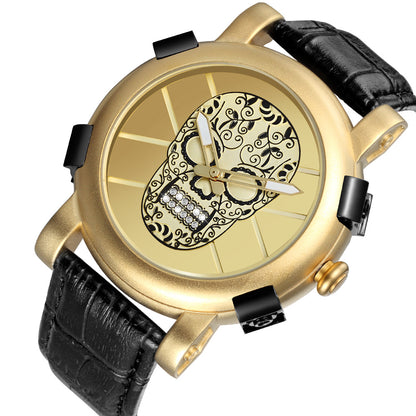 SKONE Pirate Skeleton Skull Quartz Watch – Luxury Waterproof Leather Design for Men