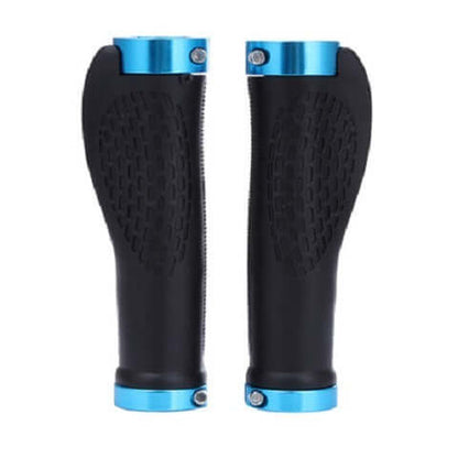 Ergonomic mountain bike rubber handle covers with blue ends for secure grip on rough terrain.