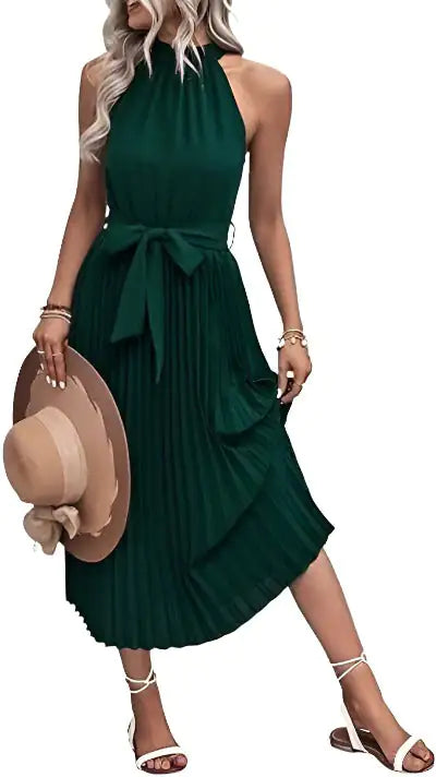 Women's Sleeveless Halter Neck Pleated Midi Dress with Bel - PureSelect