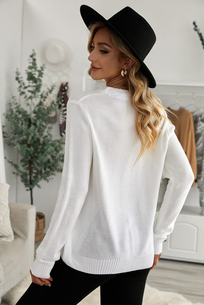 Casual Pure Color V-Neck Single-Breasted Pullover Sweater