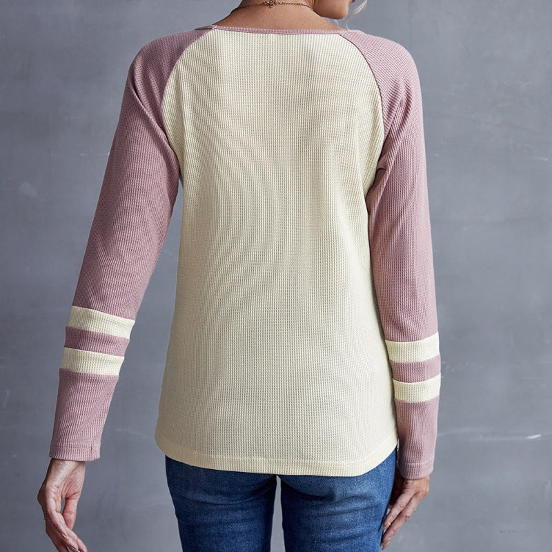 Contrasting Color V-Neck Long Sleeve Pullover T-Shirt