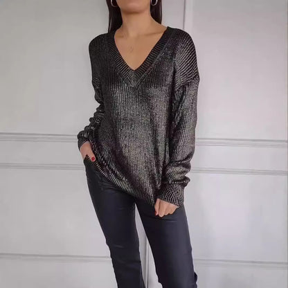 Fashionable V-Neck Knitted Pullover in Bright Silk for Women