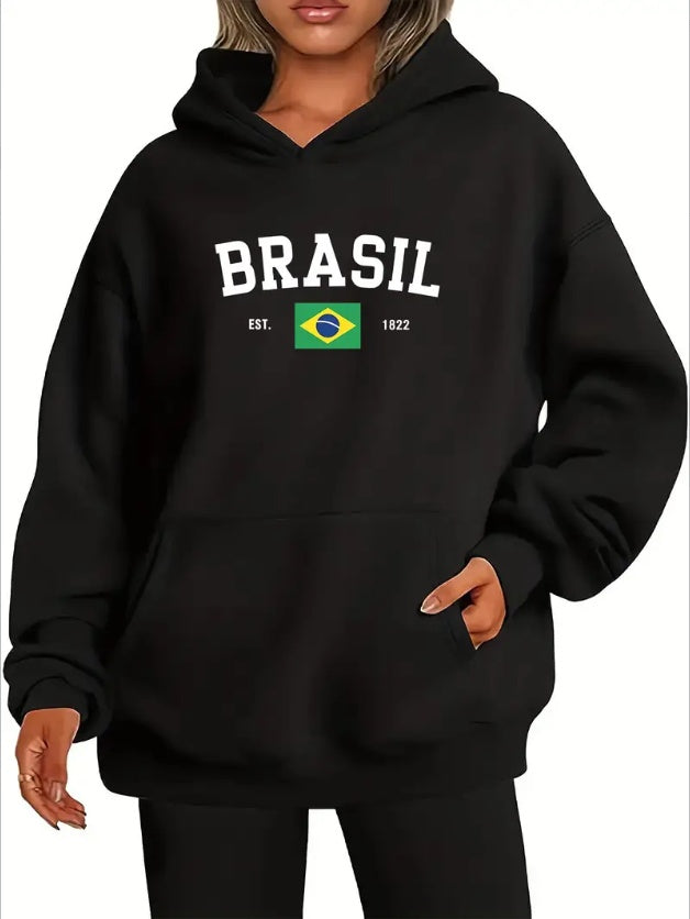 Brazil Flag Graphic Kangaroo Pocket Hoodie Women's Long Sleeve Casual Sports Pullover With Hood Hooded Collar Style - All Season Comfort