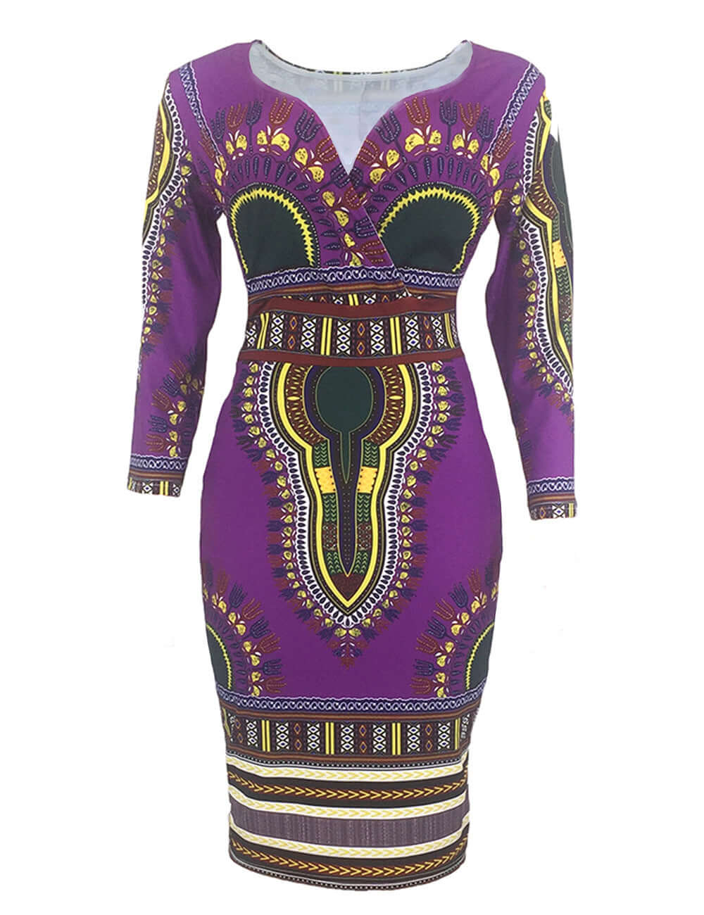 African-Style V-Neck Dress with Three-Quarter Sleeves