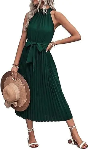 Women's Sleeveless Halter Neck Pleated Midi Dress with Bel - PureSelect