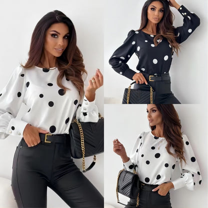 Autumn Top Round Neck Polka Dot Long Sleeve Shirt Printed - PureSelect