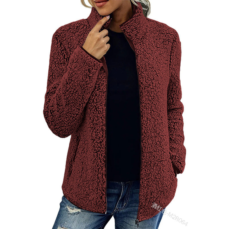 Stand Collar Solid Color Velvet Sweater Coat - PureSelect