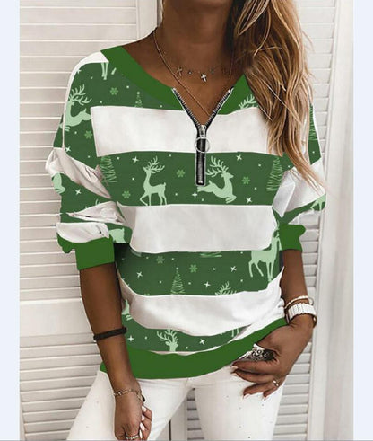 Christmas Printed V-Neck Long Sleeve Sweater for Women