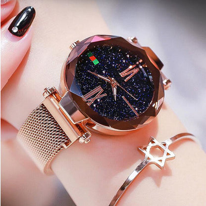 Luxury Women's Mesh Quartz Wristwatch – Starry Diamond Geometric Design with a Chic Magnet Buckle