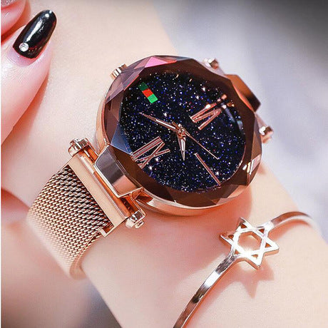 Luxury Women's Mesh Quartz Wristwatch – Starry Diamond Geometric Design with a Chic Magnet Buckle