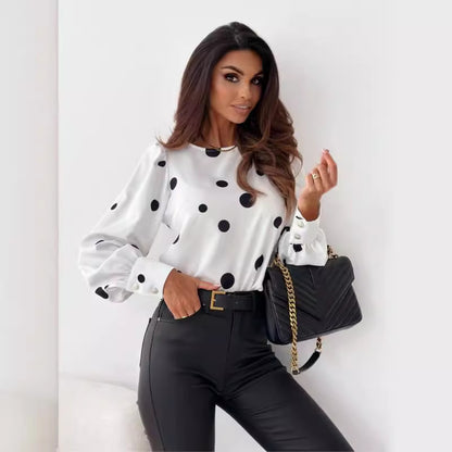 Autumn Top Round Neck Polka Dot Long Sleeve Shirt Printed - PureSelect