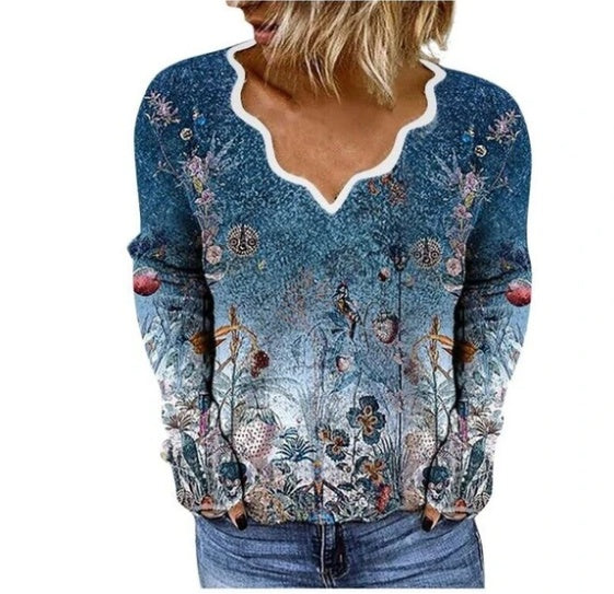 V-Neck Long Sleeve Printed Pullover T-Shirt for Women