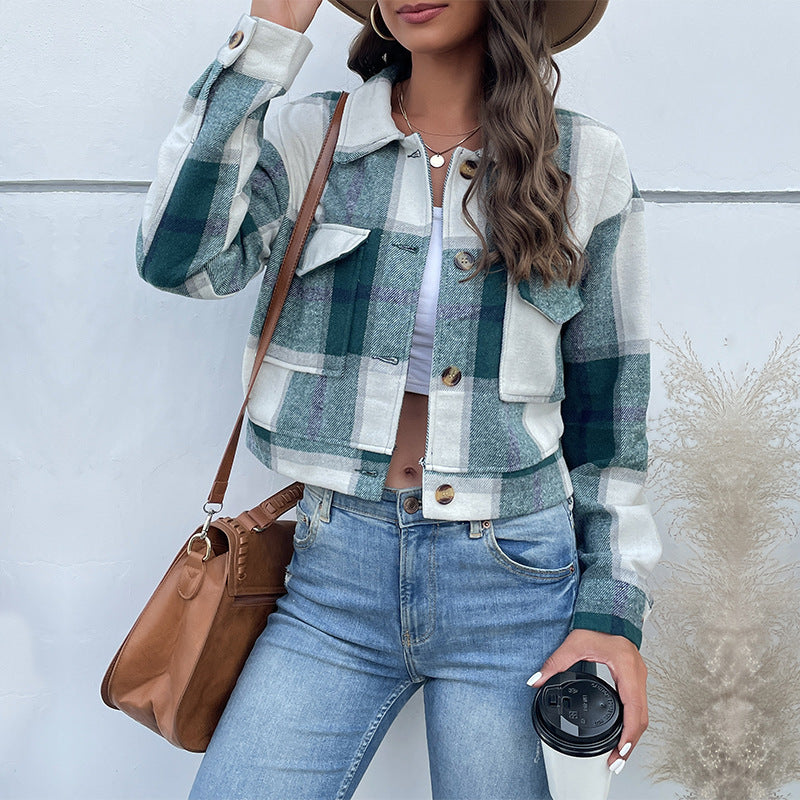 Plaid Cropped Jacket with Pockets - PureSelect