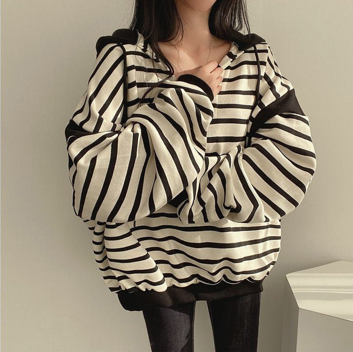 Casual Striped V-Neck Cotton Pullover Sweater with Hood for Women