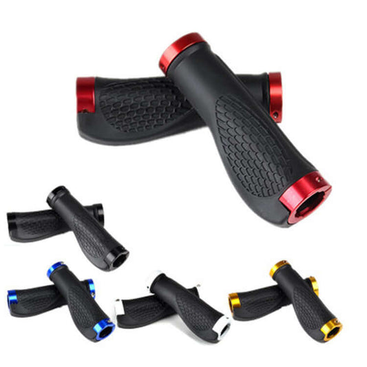 Ergonomic mountain bike rubber handle covers with colorful ends and textured grips for a secure ride on rough terrains.