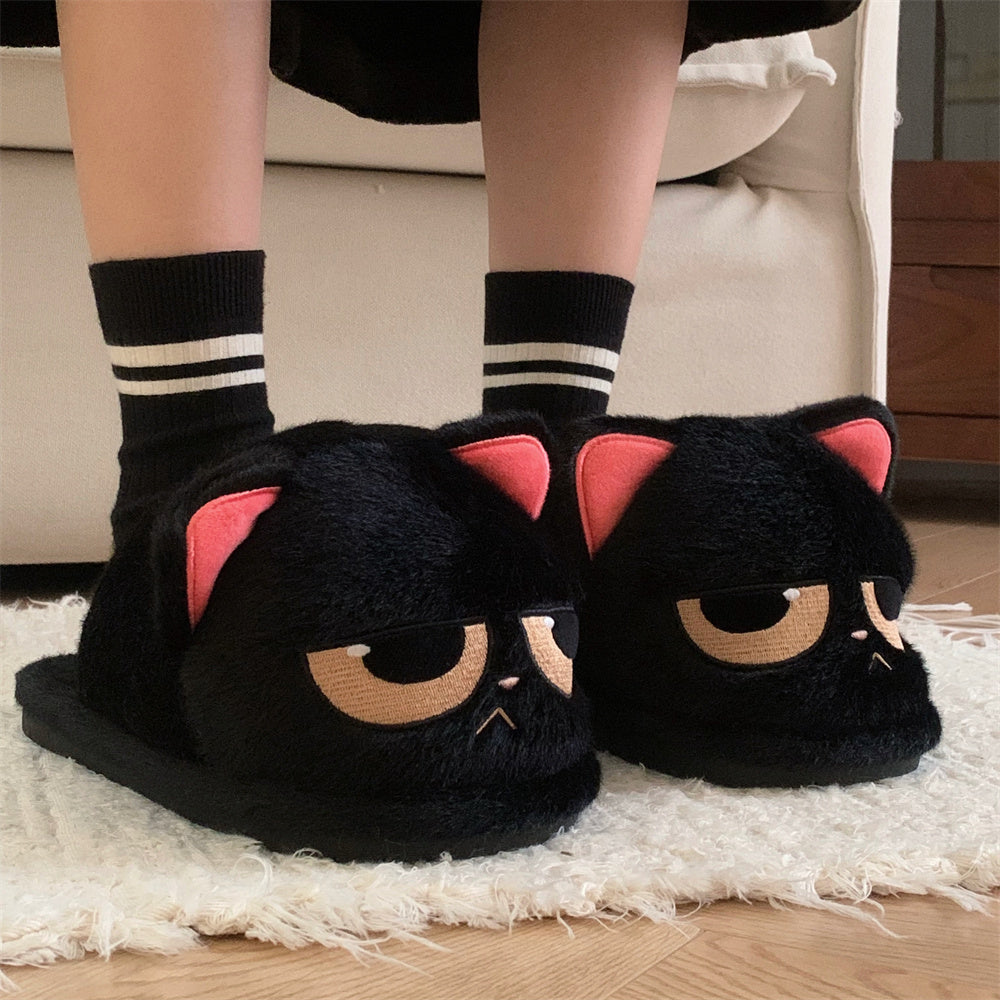 Black Cat Cute Anti Slip Warm Furry Home Shoes