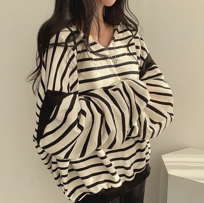 Casual Striped V-Neck Cotton Pullover Sweater with Hood for Women