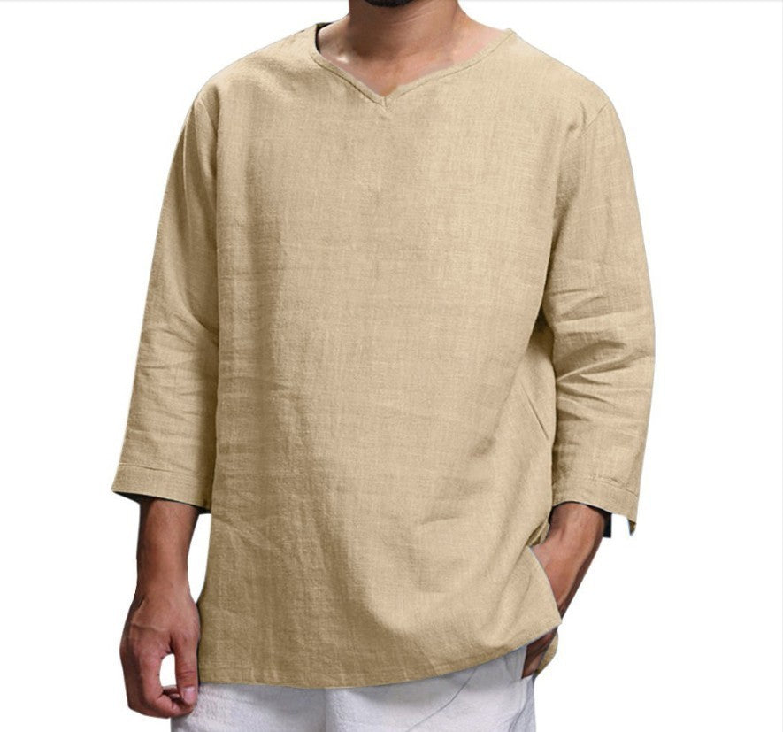 Men's Loose Casual V-Neck Top – Cotton and Linen Long Sleeve Pullover Shirt