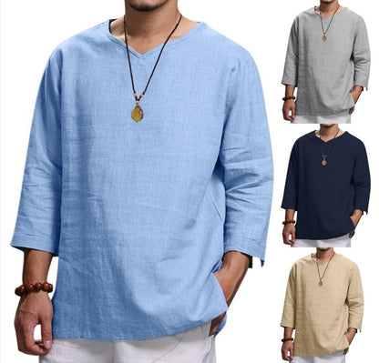 Men's Loose Casual V-Neck Top – Cotton and Linen Long Sleeve Pullover Shirt