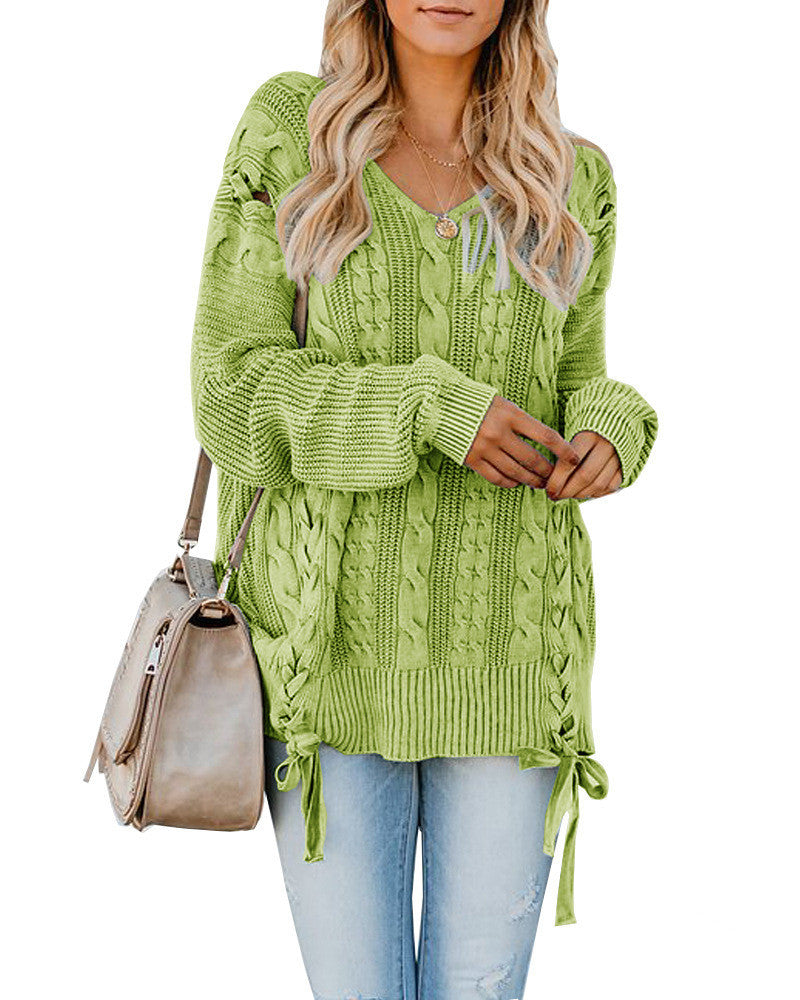 New V-Neck Long Sleeve Loose Pullover with Knitted Lace and Twisted Rope Tie for Women