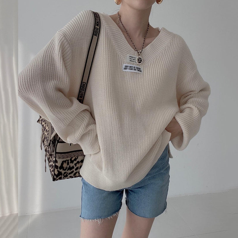 Casual Korean Style Loose V-Neck Pullover Sweater for Women