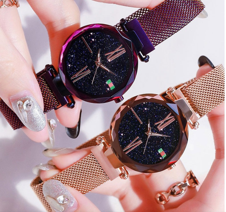 Luxury Women's Mesh Quartz Wristwatch – Starry Diamond Geometric Design with a Chic Magnet Buckle