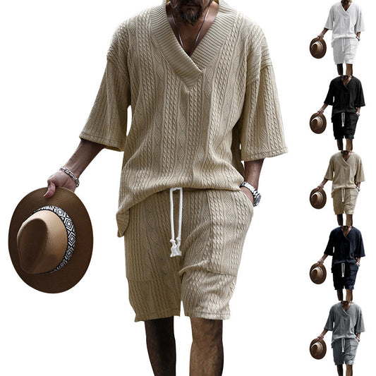 Casual V-Neck Jacquard 2-Piece Suit Set - Summer T-Shirt and Drawstring Shorts