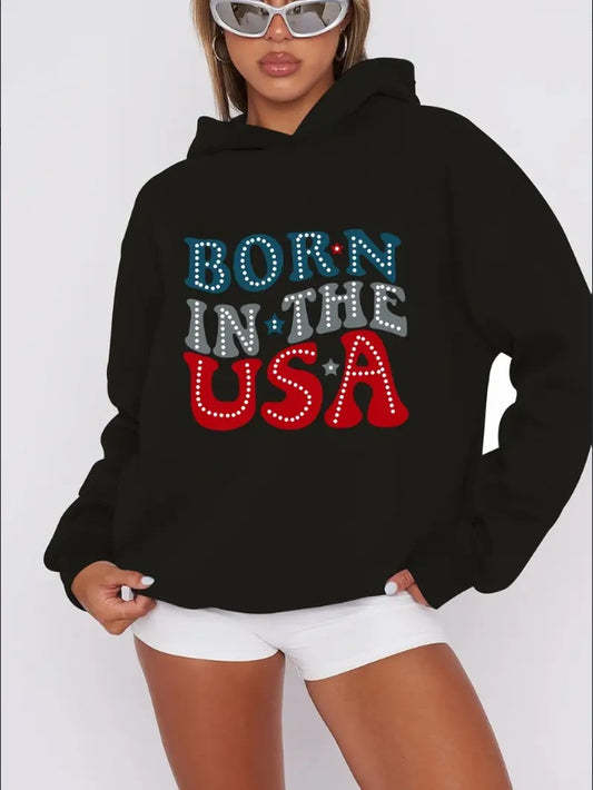 Women's "Born in the USA" Graphic Hoodie – Patriotic Rib-Knit Pullover for Fall & Winter