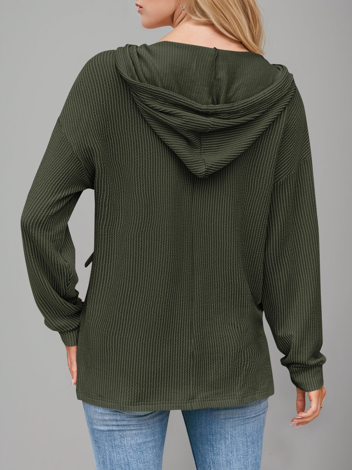 Double Take Drawstring Dropped Shoulder Long Sleeve Hoodie - PureSelect