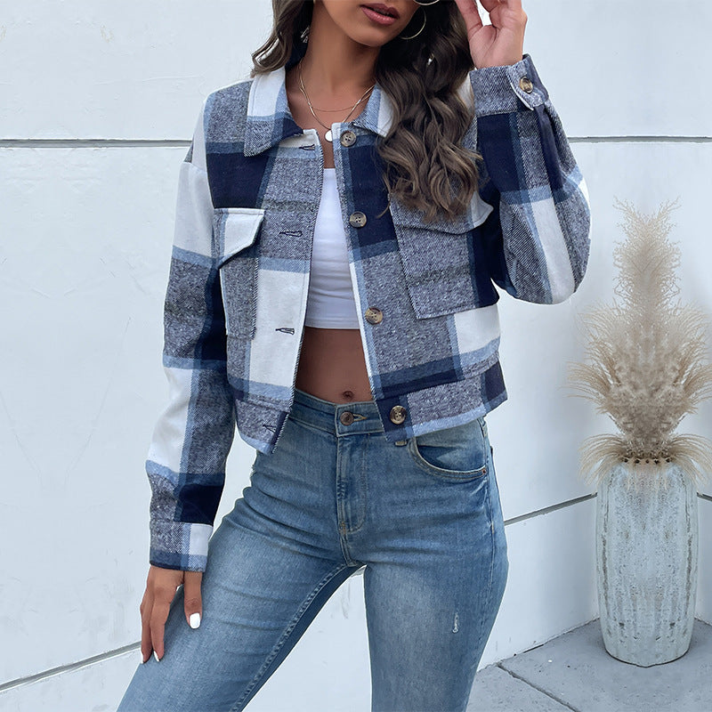 Plaid Cropped Jacket with Pockets - PureSelect